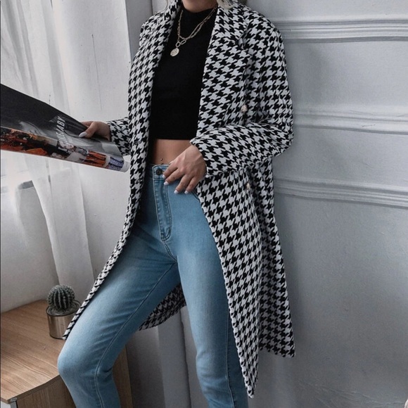 Jackets & Blazers - Tweed houndstooth trench coat jacket black white